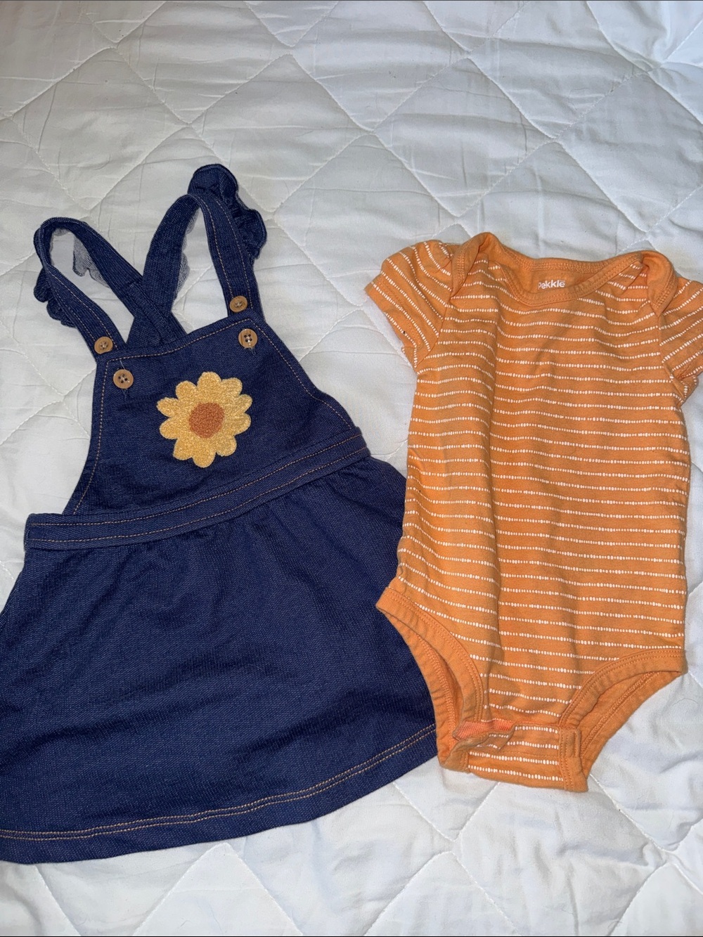 12m Navy Sunflower Pinafore Dress + Orange Striped dress and onsie